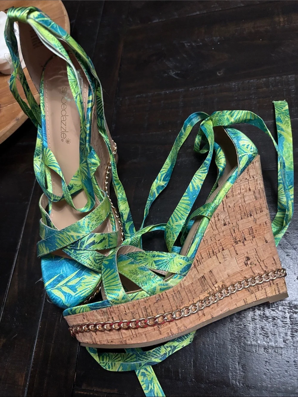 Shoe Dazzle Tropical Green & Teal Wrap Wedge Sandals